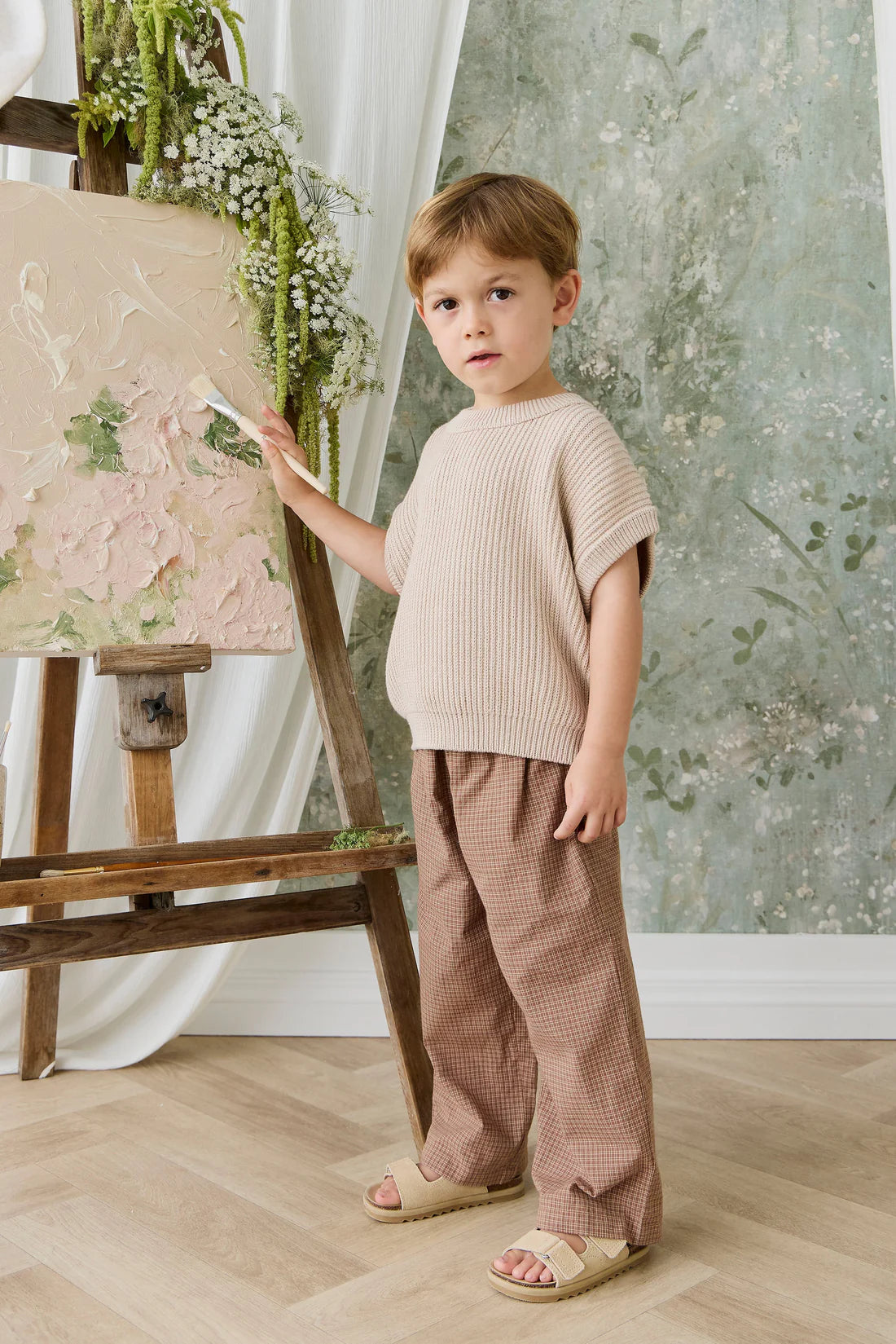 Organic Cotton Kenji Pant - Double Windowpane Check Oud/Hay