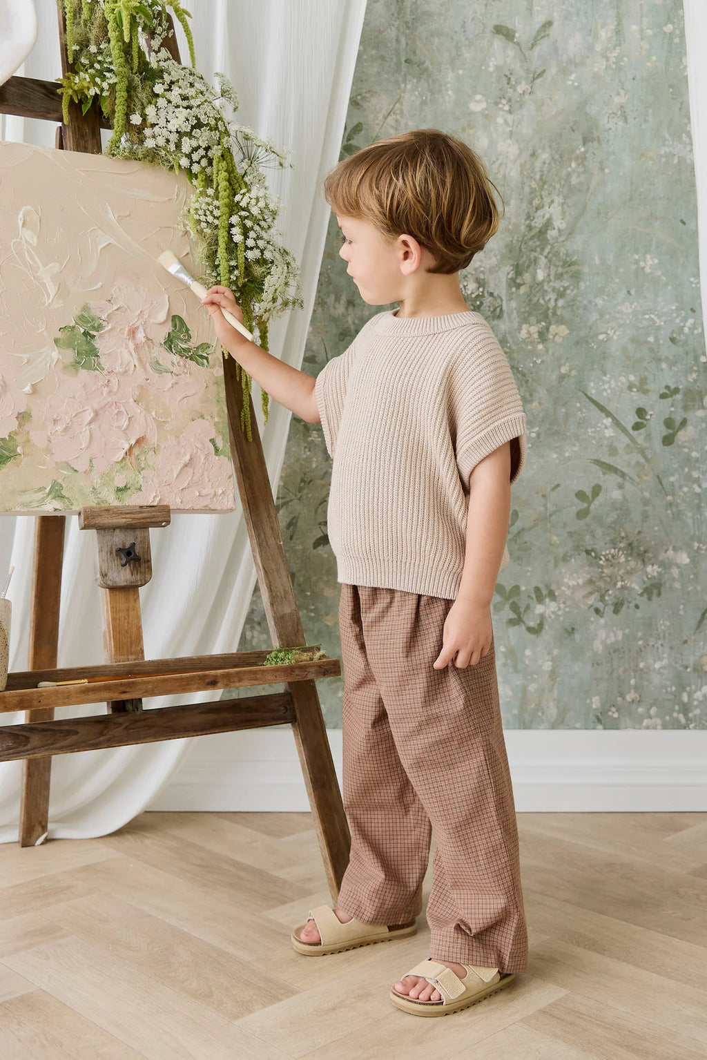 Organic Cotton Kenji Pant - Double Windowpane Check Oud/Hay